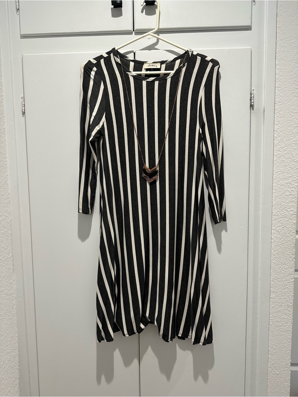 Striped Black & White Shift Dress with Necklace